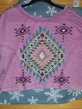 Pink Aztec Graphic Cropped Top with Teal & Gold Accent